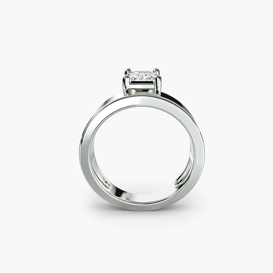 Esmé wide band solitaire engagement ring setting in white gold, front view, Luma Jewellery