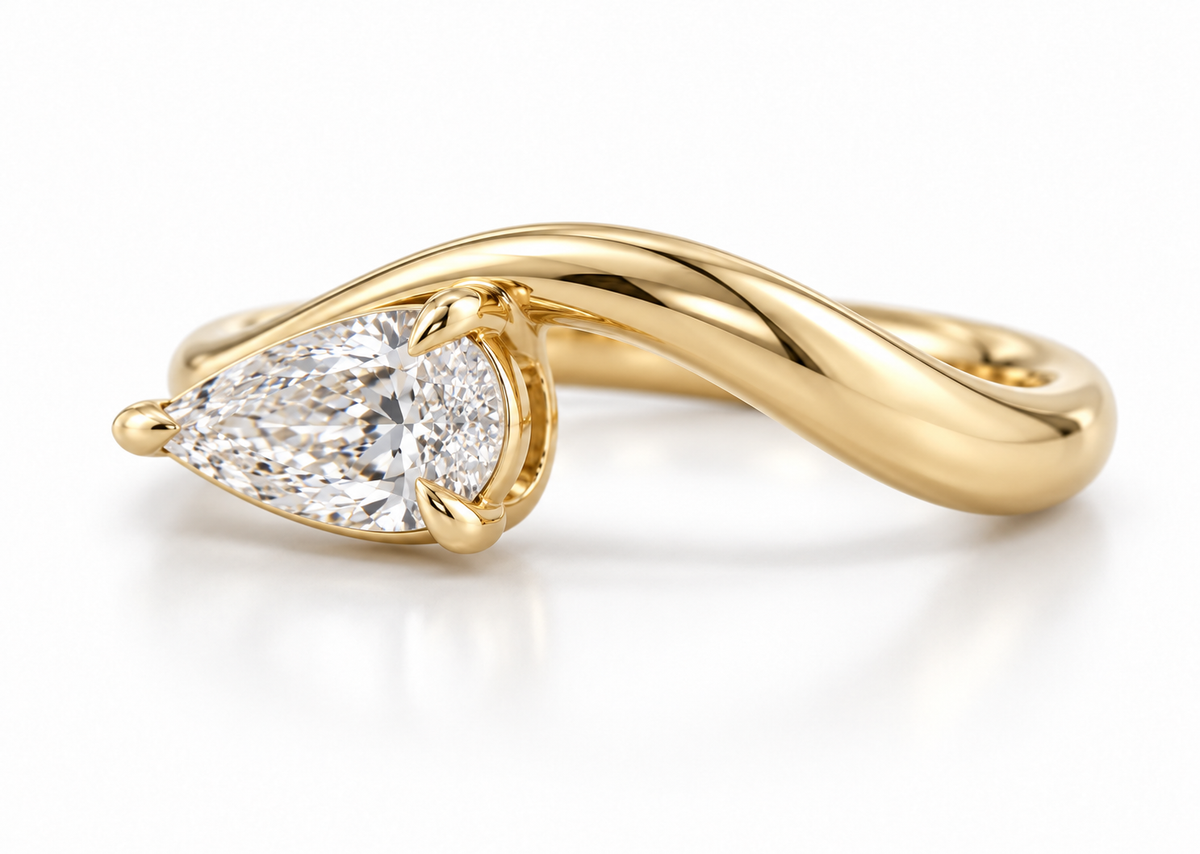 Clara Curve Wave Pear Diamond Ring in 9k Yellow Gold
