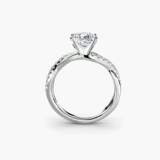 Alara engagement ring setting with princess cut diamond in white gold, front view, Luma Jewellery