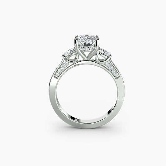 Lyra three stone engagement ring setting in white gold, front view, Luma Jewellery
