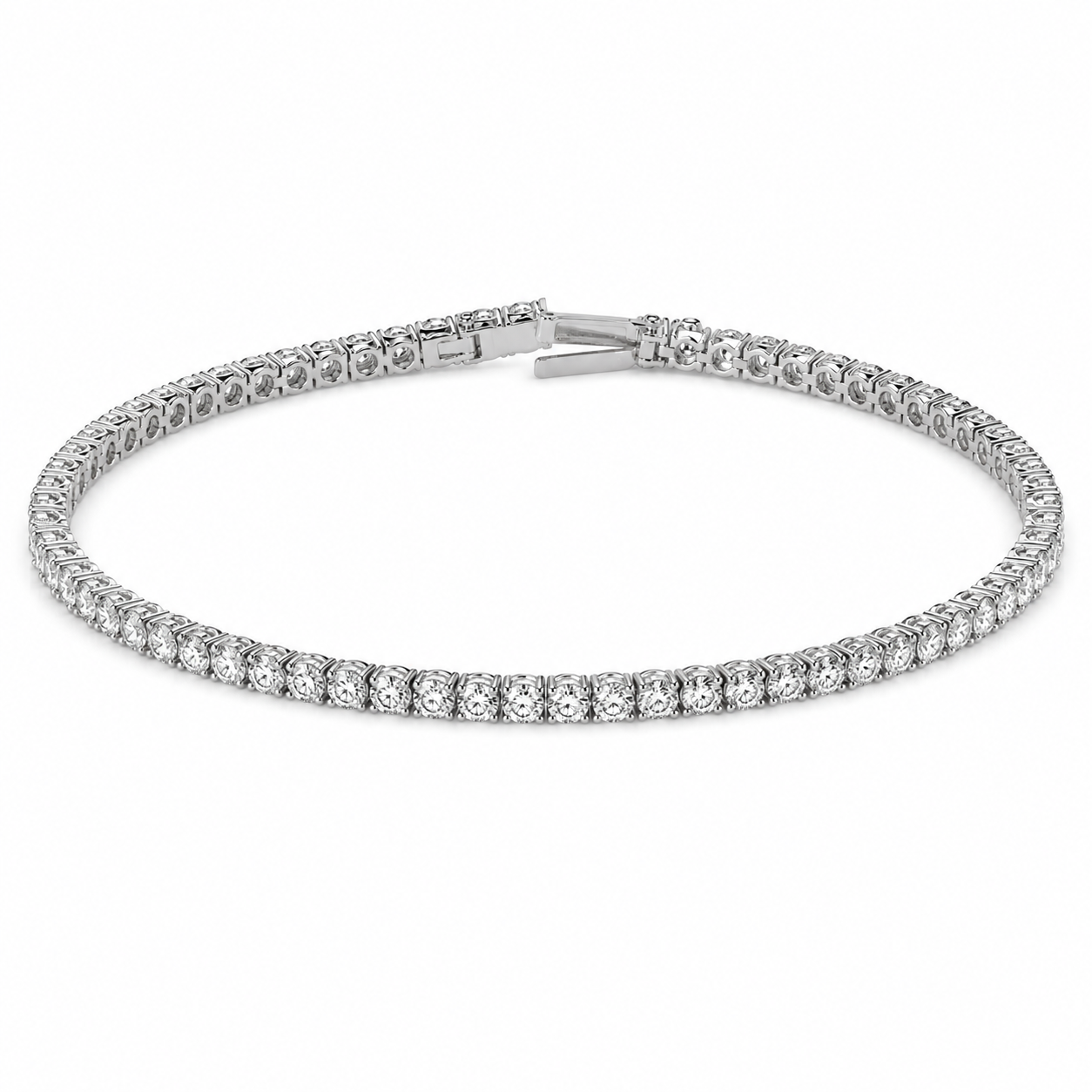 Corisande platinum under-lock Diamonds (LG) tennis bracelet with fold-under clasp on white