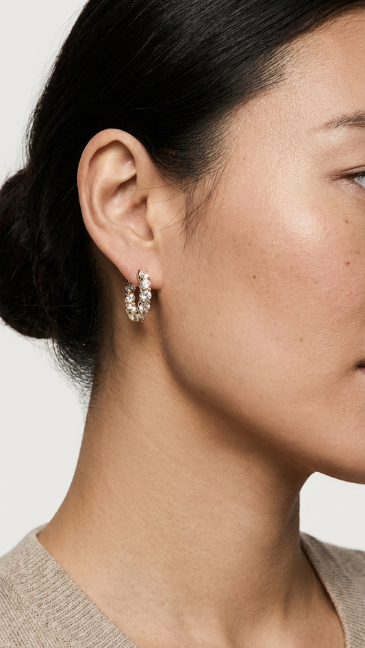 Maelle gold lab grown diamond hoop earrings worn on the ear, side profile, Luma Jewellery