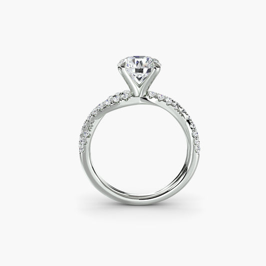 Colette engagement ring setting with round cut diamond in white gold, top view, Luma Jewellery