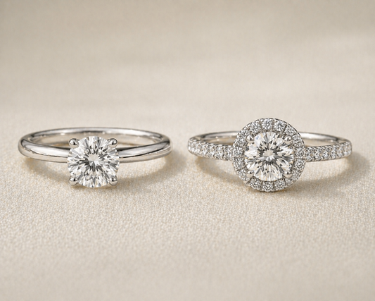 A 14k and 18k gold engagement ring side by side, Luma Jewellery