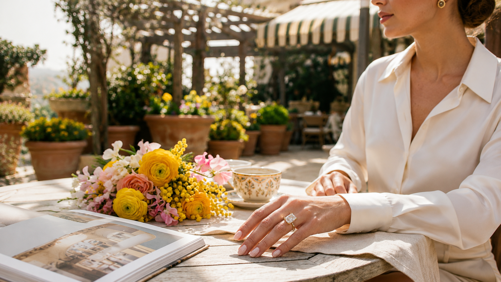 engagement ring, solitaire worn on a model at a sunny summer brunch