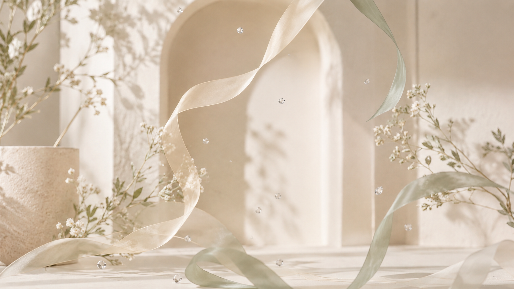 white floral arrangement thrown in the air with ribbons on a neutral background