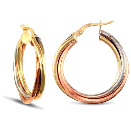 Helena 9ct three colour gold hoop earrings, 25mm