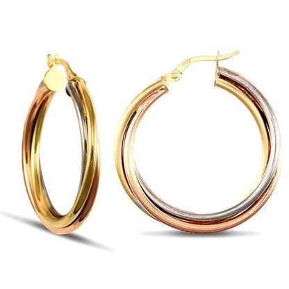 Helena 9ct three colour gold hoop earrings, 29mm