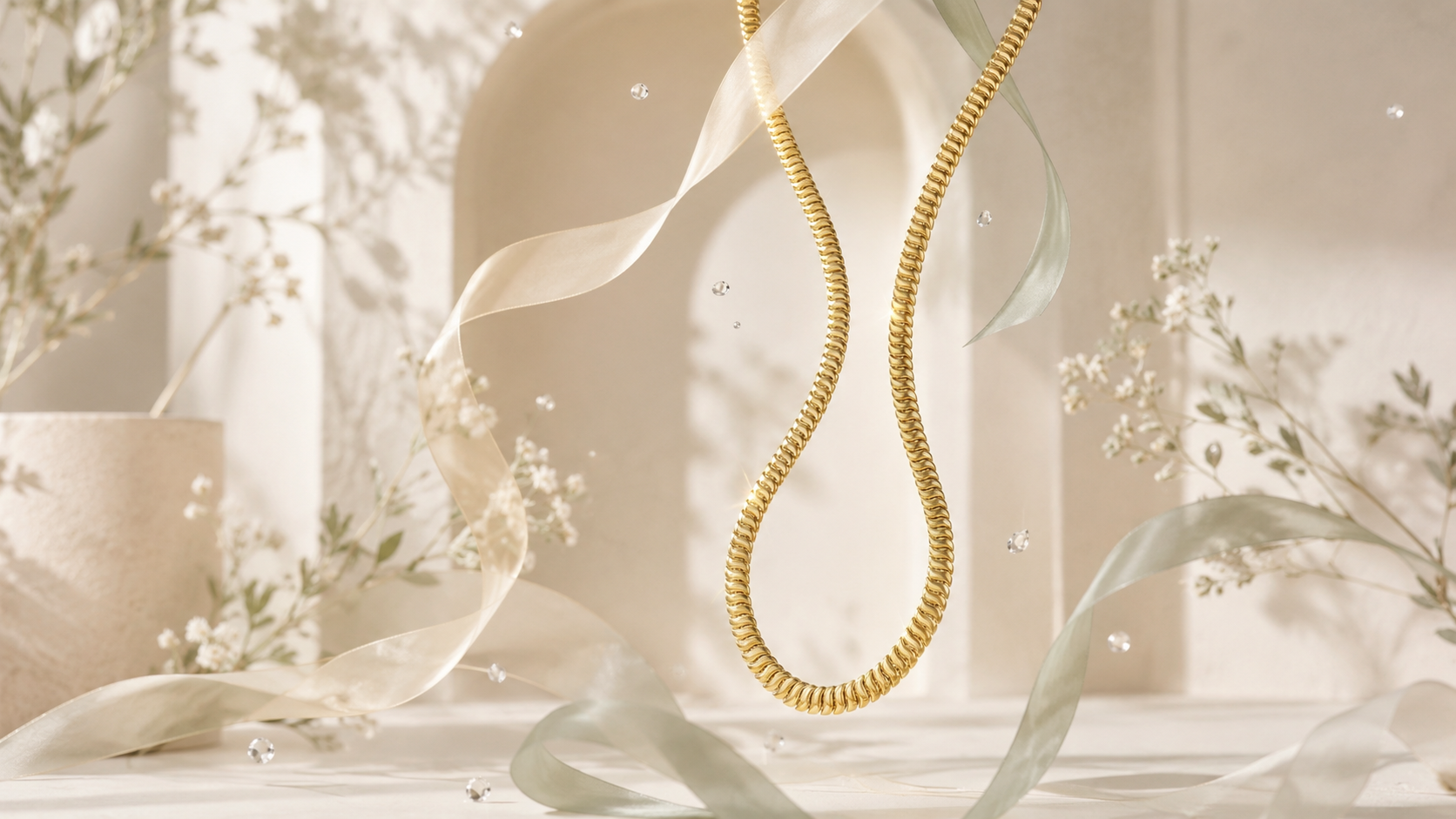 gold necklace floating with white flowers and white ribbons