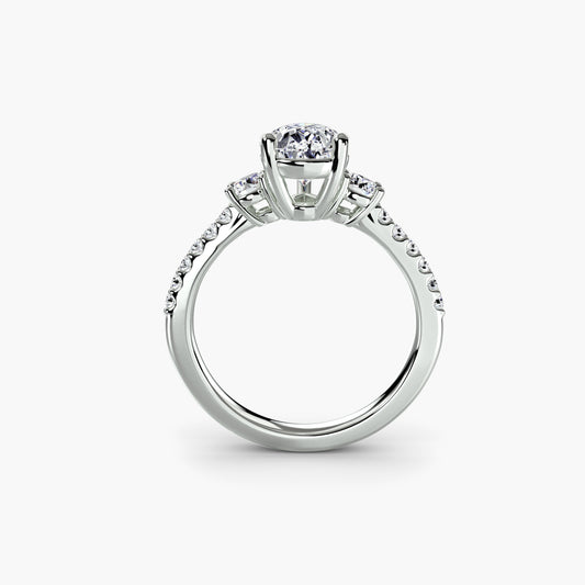 Selene three stone engagement ring setting in white gold, front view, Luma Jewellery