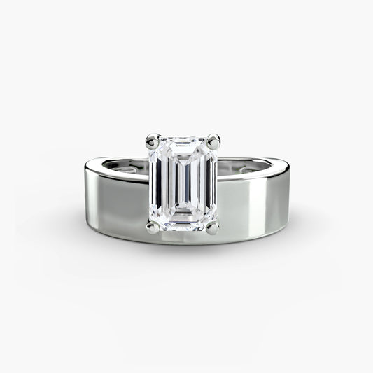 Esmé wide band solitaire engagement ring setting in white gold, side view, Luma Jewellery