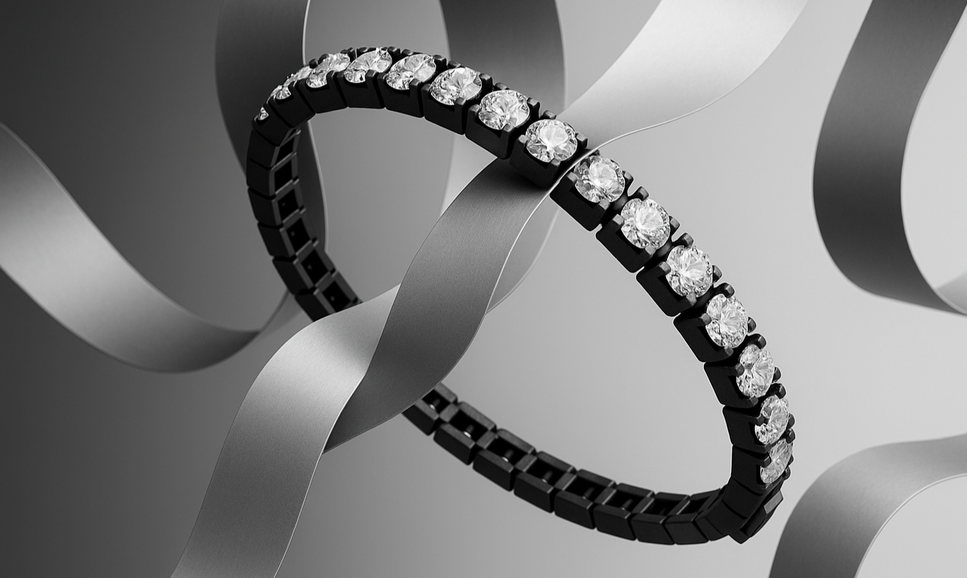 Diamond bracelet with black band on a gray background