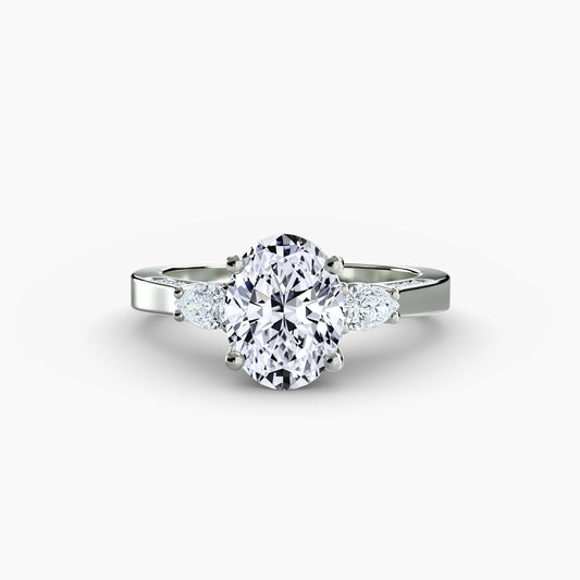 Lyra three stone engagement ring setting in white gold, side view, Luma Jewellery
