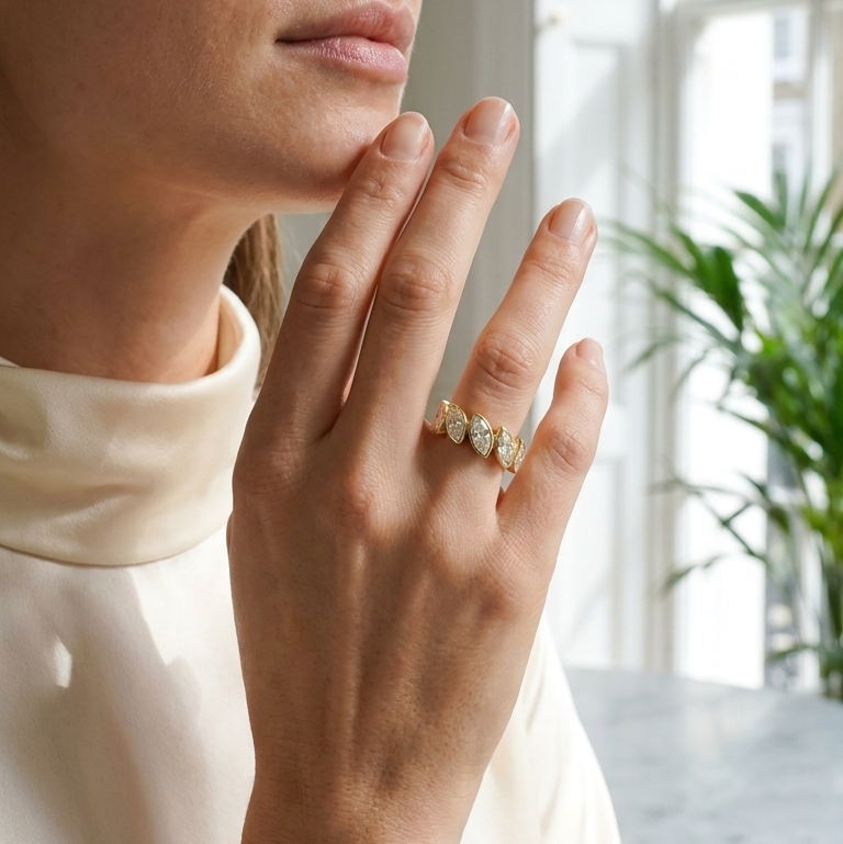 Alura marquise diamond ring worn on hand, 14k gold, Luma Jewellery