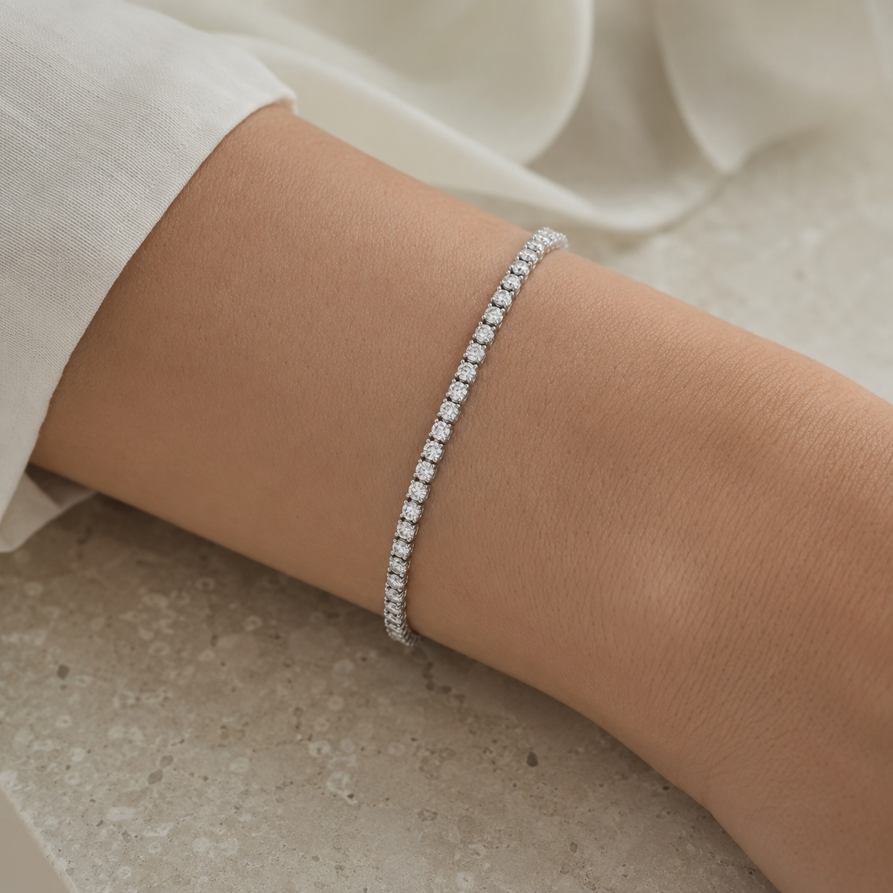 Ameline platinum classic set Diamonds (LG) tennis bracelet worn on the wrist