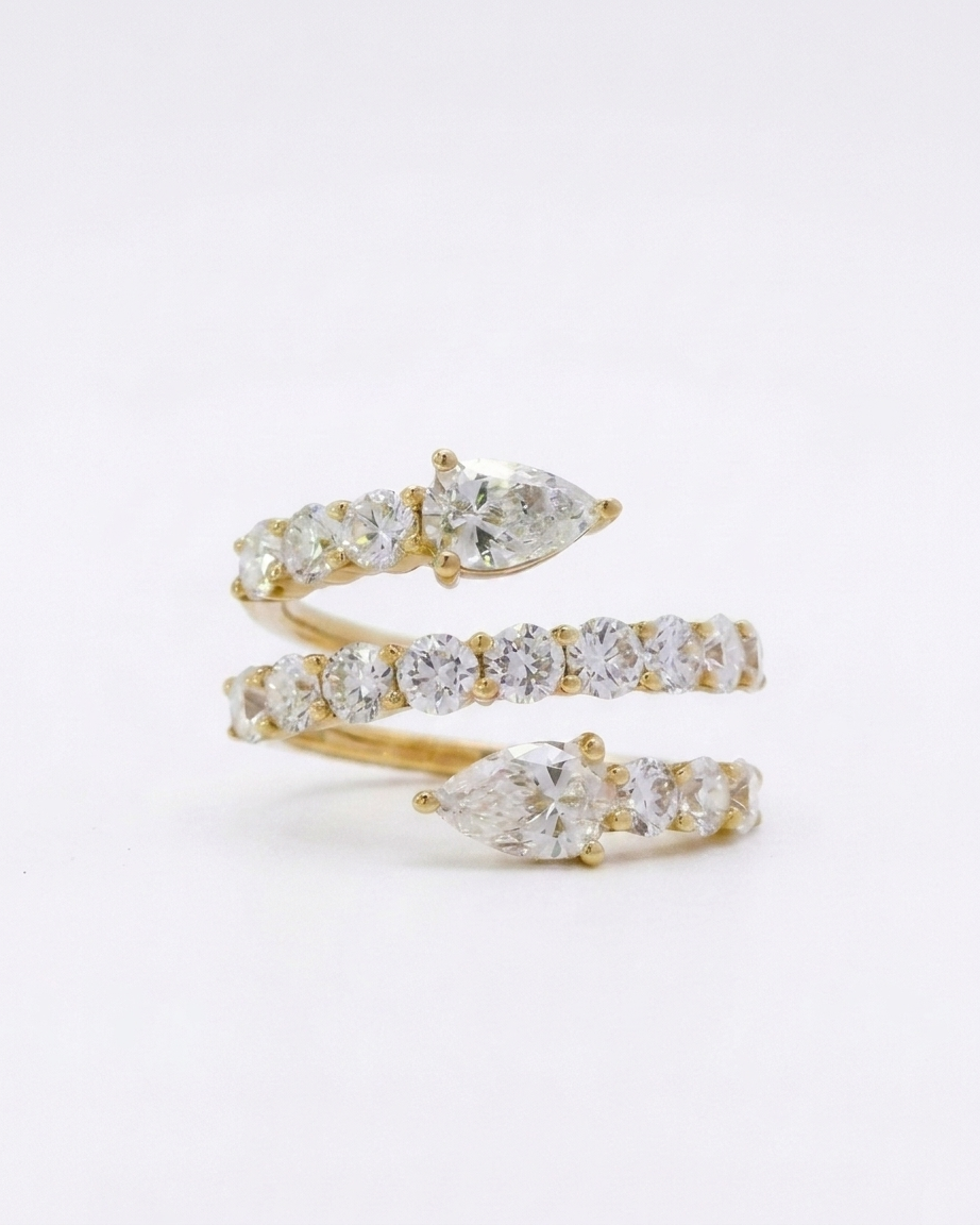 Avara serpent ring with twin pear cut lab grown diamonds, 2.52ct total, Luma Jewellery