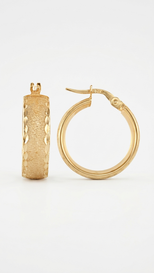 Azure 9k yellow gold hoop earrings with diamond cut texture on white, Luma Jewellery