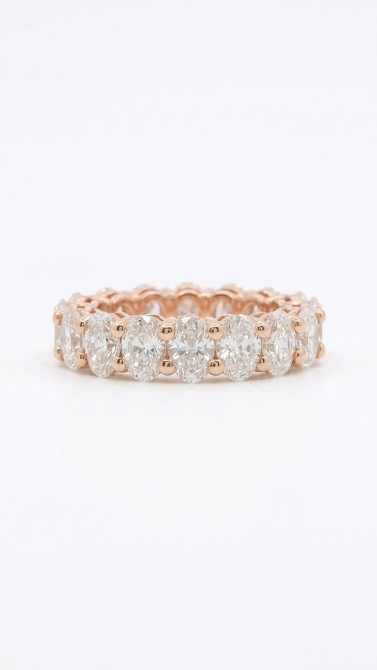 Celine rose gold half eternity ring with oval cut diamonds on white, Luma Jewellery