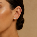 Classic lab grown diamond stud earrings in yellow gold worn on model