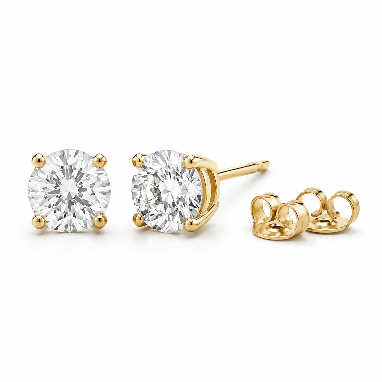 Classic four claw lab grown diamond stud earrings in yellow gold