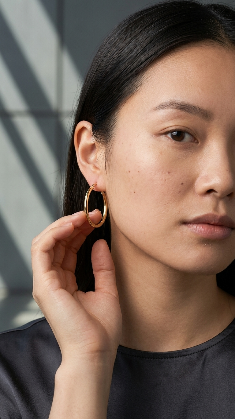 Clementine 9k yellow gold hoop earrings worn, close up, Luma Jewellery