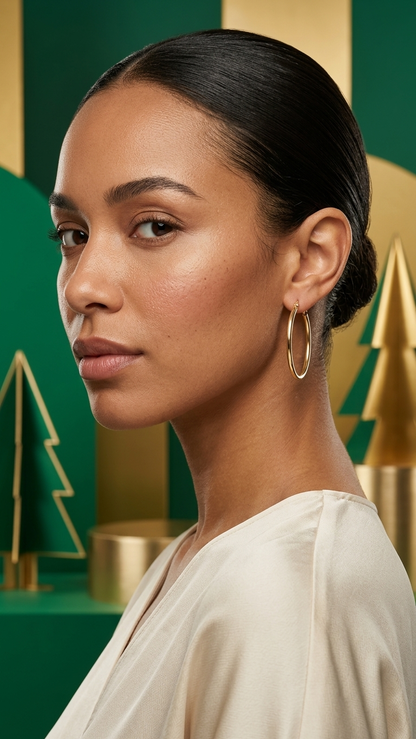 Clementine 9k yellow gold hoop earrings worn, close up, Luma Jewellery