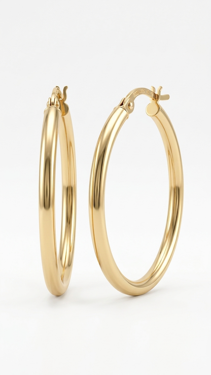 Clementine 9k yellow gold hoop earrings, large slim hoops on white, Luma Jewellery