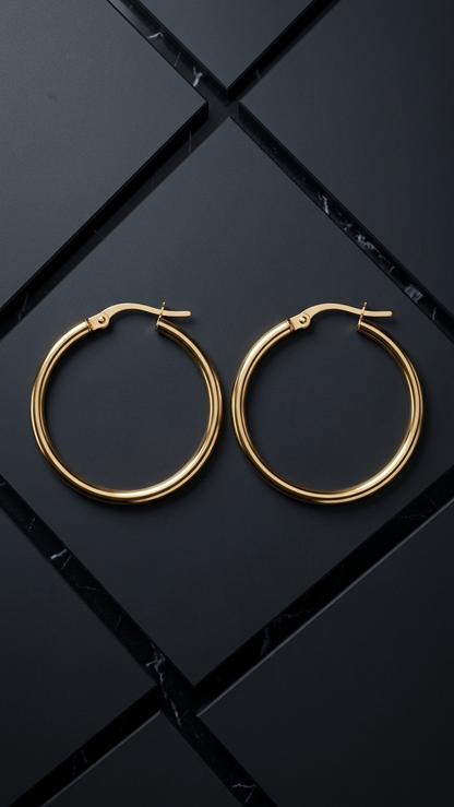 Clementine 9k yellow gold hoop earrings, styled flat lay, Luma Jewellery