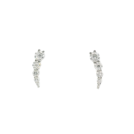 Pair of silver earrings with clear stones on a white background