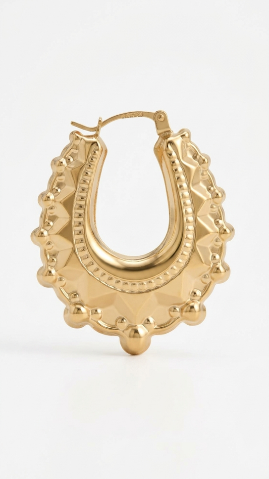 Daphne 9k yellow gold creole earring with beaded edge detail, on white, Luma Jewellery