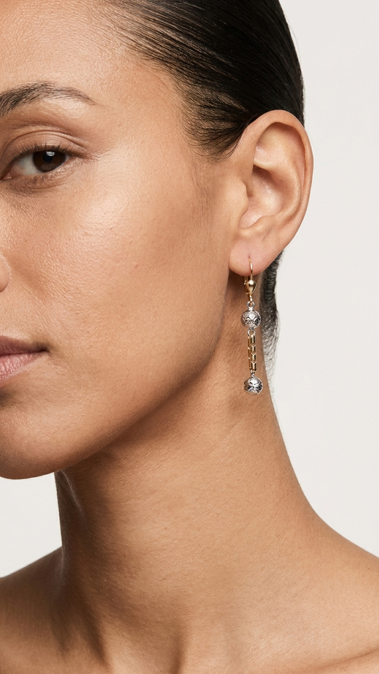 Eleanor 9k yellow and white gold drop earrings worn on the ear, side profile, Luma Jewellery