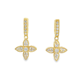 Gold earrings with diamond accents on a white background