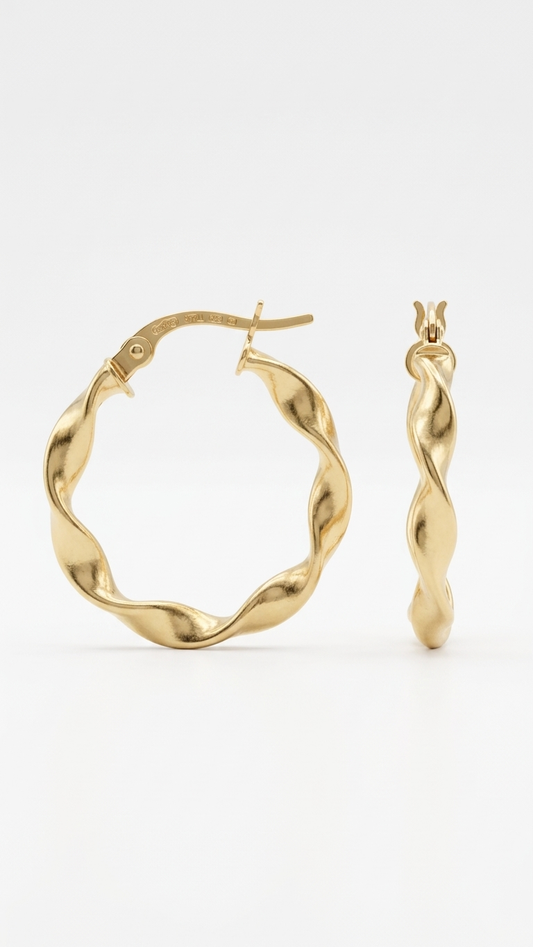 Florence 9k yellow gold twisted creole earrings on white, Luma Jewellery