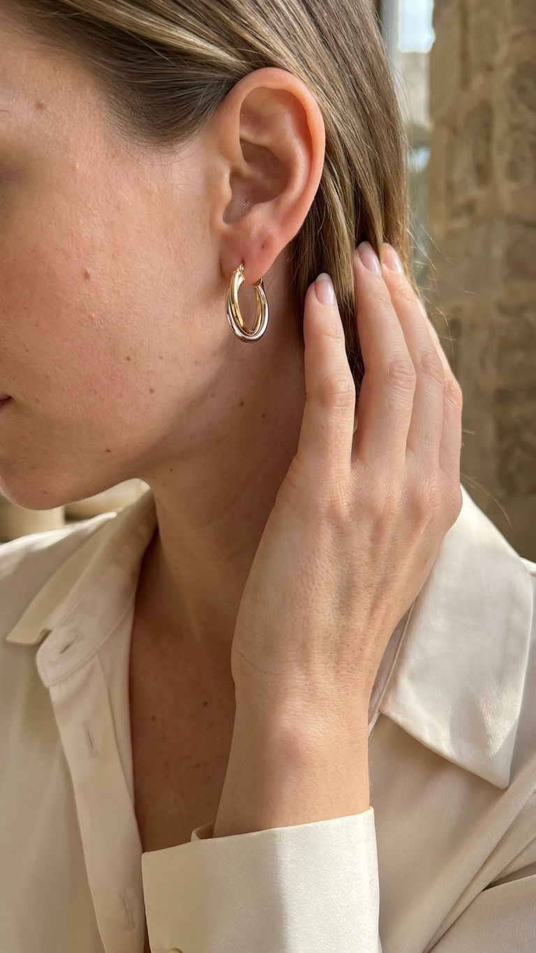 Helena 9k three colour gold hoop earrings worn, close up, Luma Jewellery