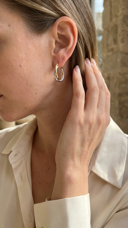 Helena 9k three colour gold hoop earrings worn, close up, Luma Jewellery