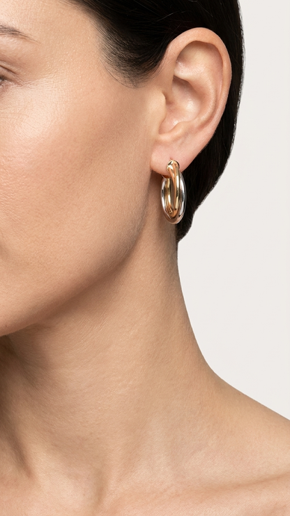 Helena 9k three colour gold hoop earrings worn on the ear, side profile, Luma Jewellery
