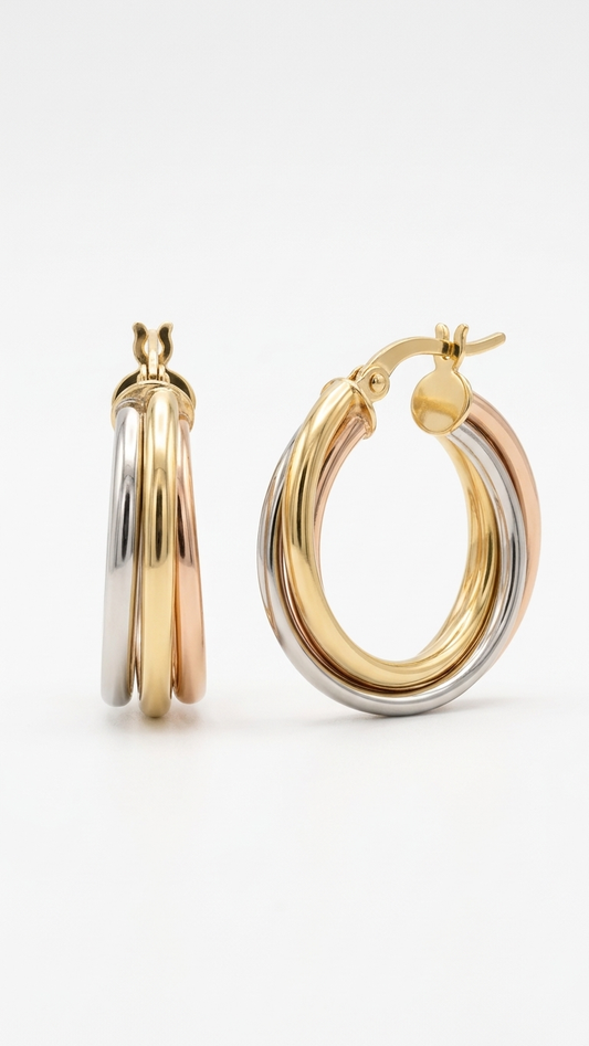 Helena 9k three colour gold hoop earrings in yellow, white and rose gold on white, Luma Jewellery