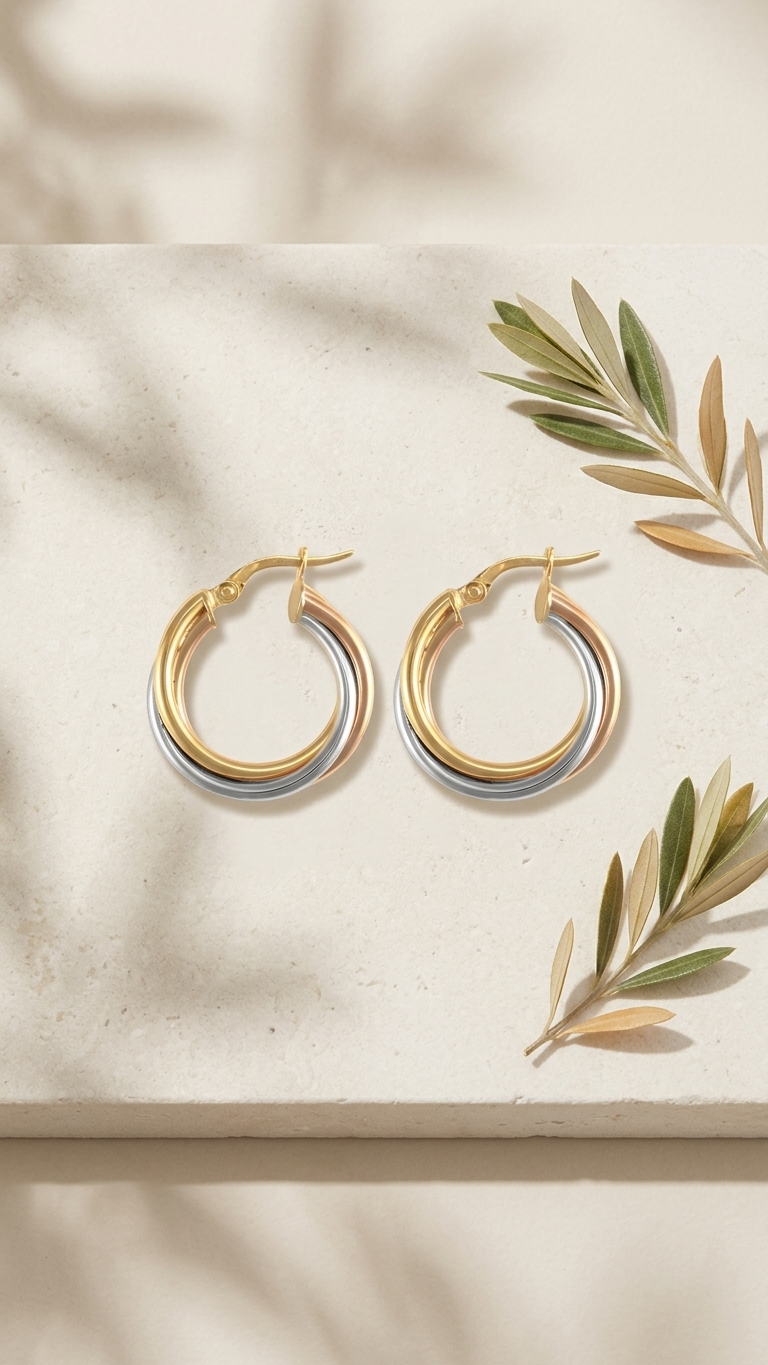 Helena 9k three colour gold hoop earrings, styled flat lay, Luma Jewellery