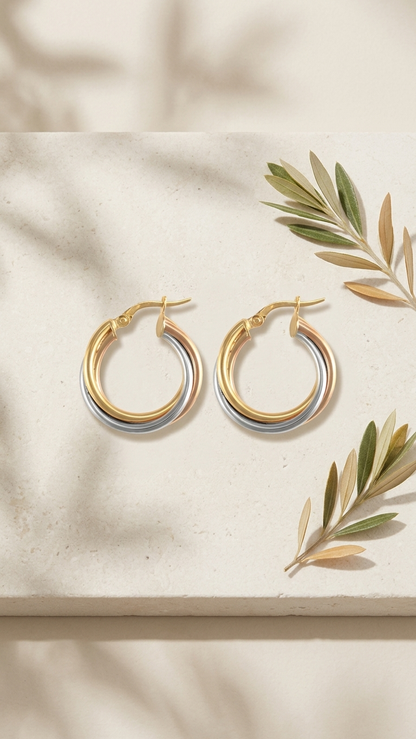 Helena 9k three colour gold hoop earrings, styled flat lay, Luma Jewellery