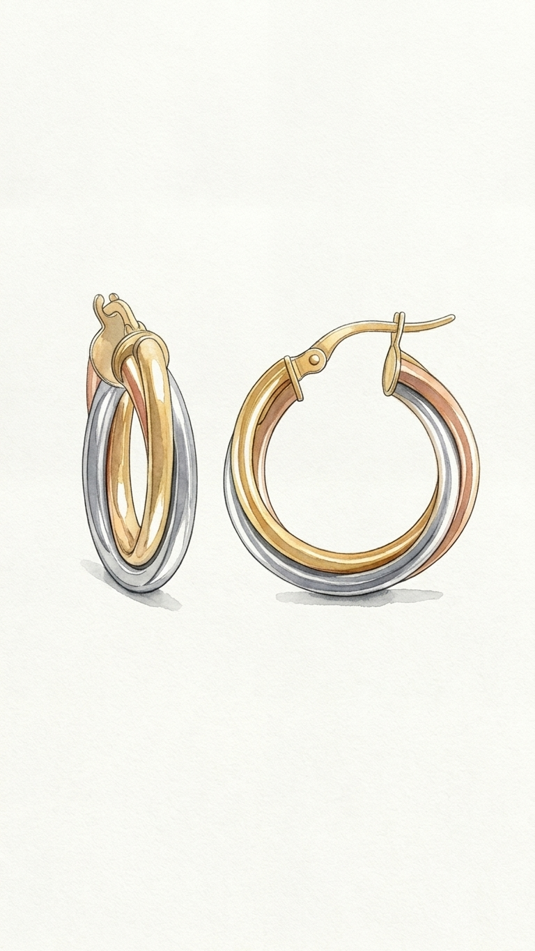 Helena 9k three colour gold hoop earrings, front and side view, Luma Jewellery