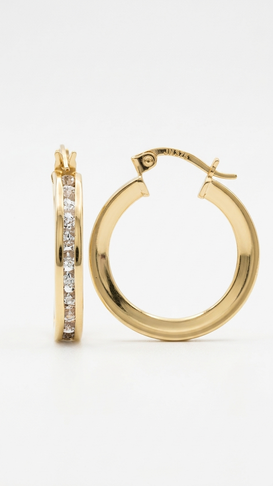 Iris 9k yellow gold creole earrings with textured band detail on white, Luma Jewellery