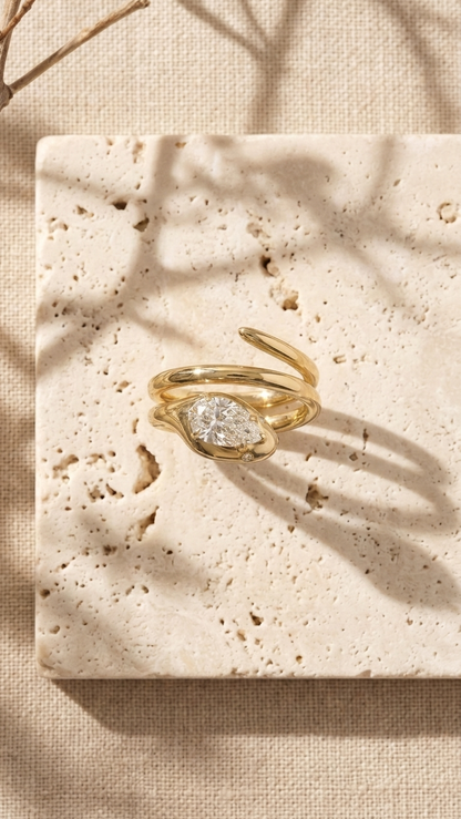 Lira serpent ring with 1ct pear cut lab grown diamond, 14k yellow gold, Luma Jewellery