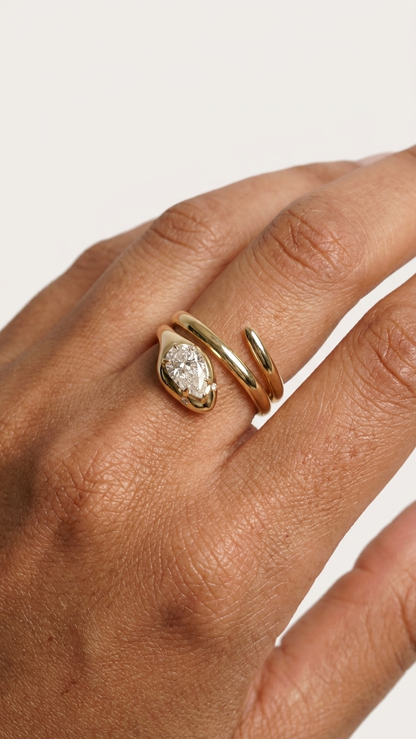 Lira coiled serpent ring with pave lab grown diamond eyes, Luma Jewellery
