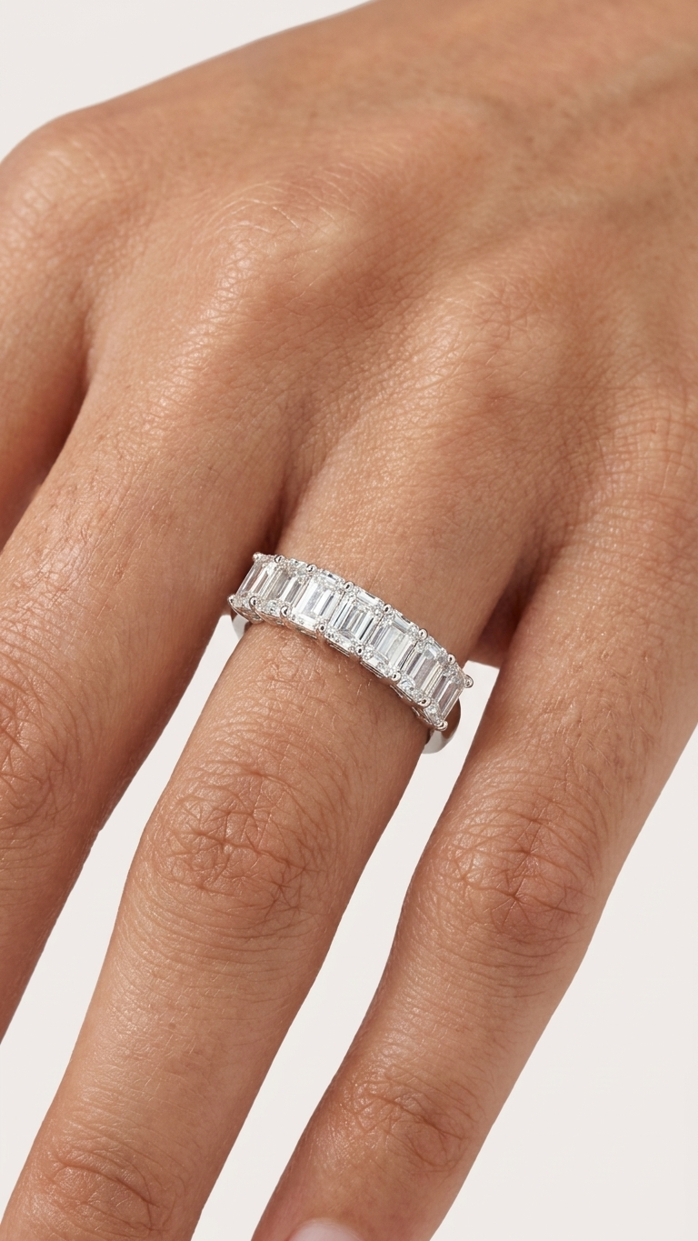 Lucine emerald cut diamond half-eternity band in gold, Luma Jewellery