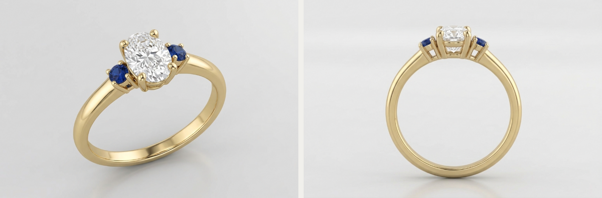 Eilon Oval Diamond & Sapphire Trilogy Ring in 9k Yellow Gold