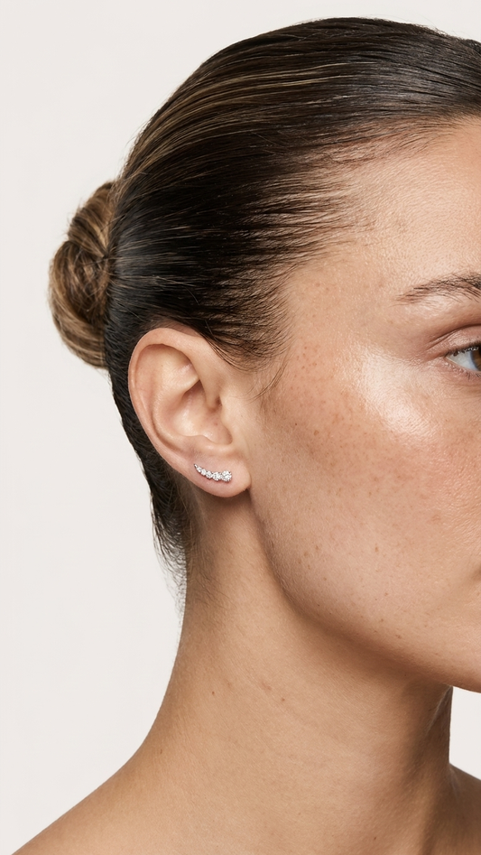 Lysa white gold diamond stud earrings worn on the ear, side profile, Luma Jewellery