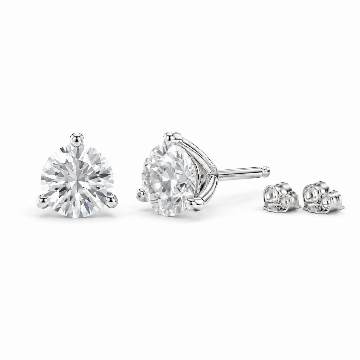 Three claw martini lab grown diamond stud earrings in white gold with butterfly backs