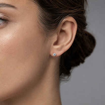 Martini lab grown diamond stud earrings in white gold worn on model
