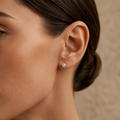 Martini lab grown diamond stud earrings in yellow gold worn on model
