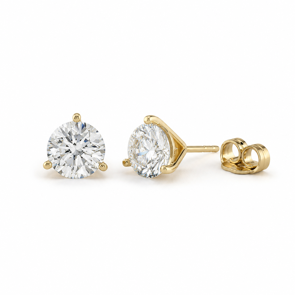 Three claw martini lab grown diamond stud earrings in yellow gold